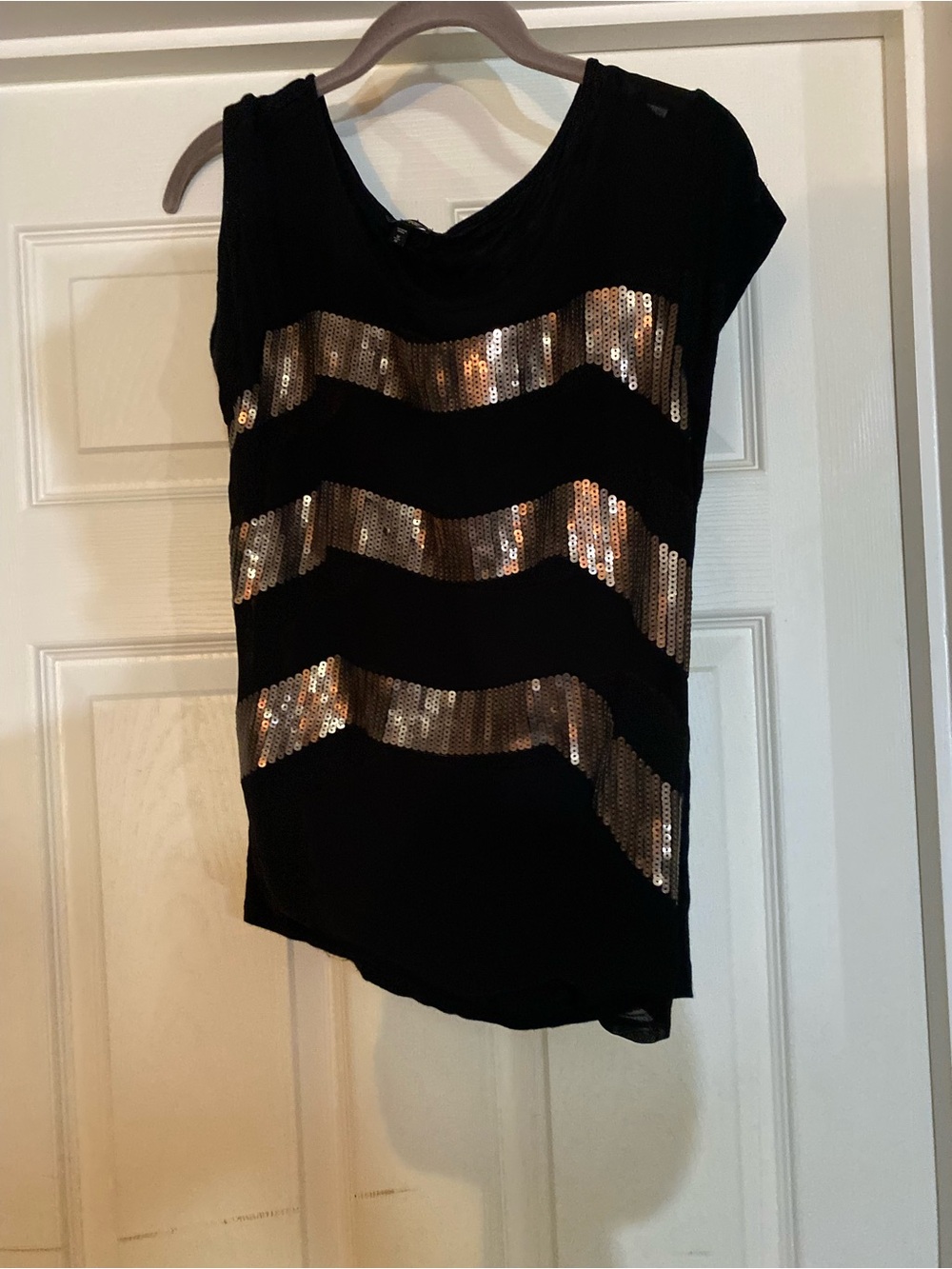 Black Sequin Wave Cap-Sleeve Top